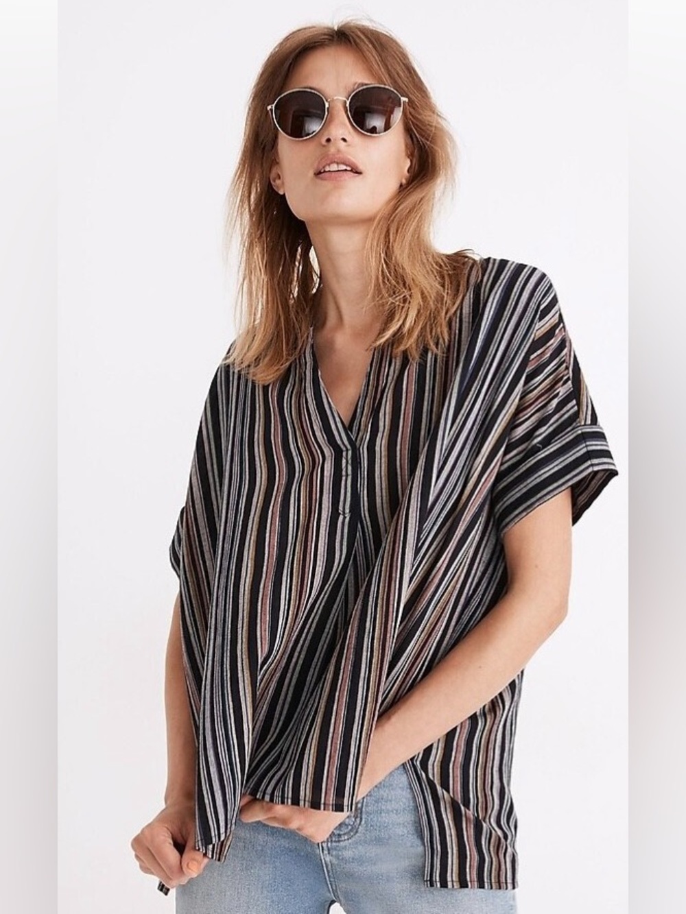 Madewell Lakeline Popover Shirt in Rainbow Linen Stripe XS Womens Top
